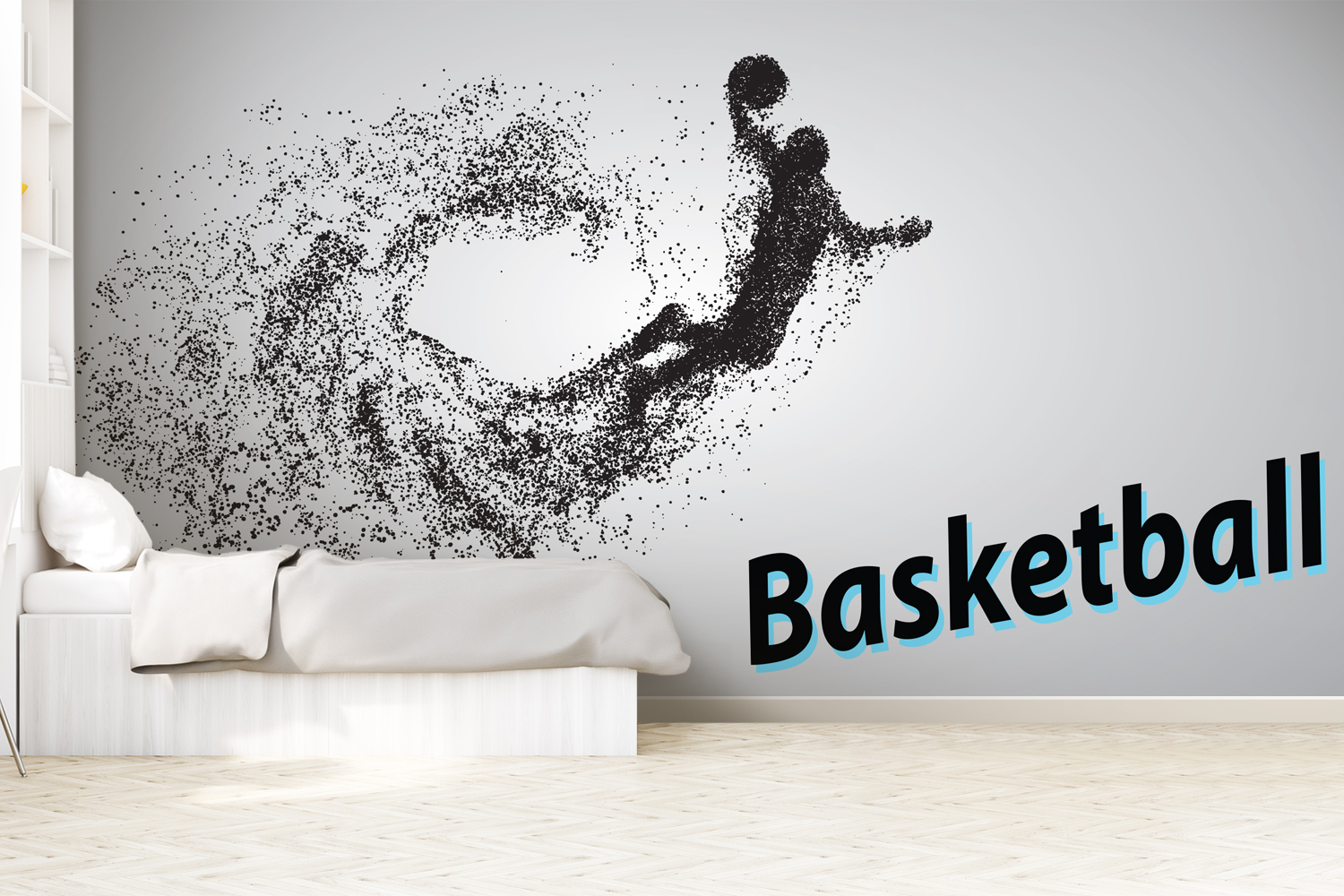 Papier-peint panoramique ado noir et gris, motif sport basketball.
